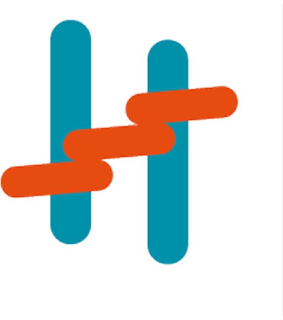 Zwei vertikale, abgerundete blaue Balken, über die drei horizontale, abgerundete orangefarbene Balken im Zickzackmuster verlaufen, alles auf hellgrauem Hintergrund.