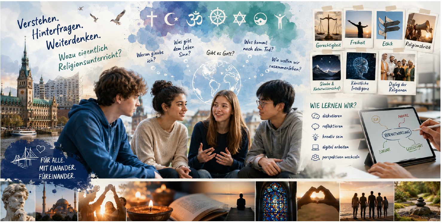 Vier unterschiedliche Studierende sitzen im Gespräch, umgeben von religiösen Symbolen, Fragen zur Religion und Symbolen, die für Gerechtigkeit, Freiheit und Ethik stehen. Weitere Bilder zeigen Menschen, Natur, Kerzen, ein offenes Buch, Buntglasfenster und einen herzförmigen Sonnenuntergang.