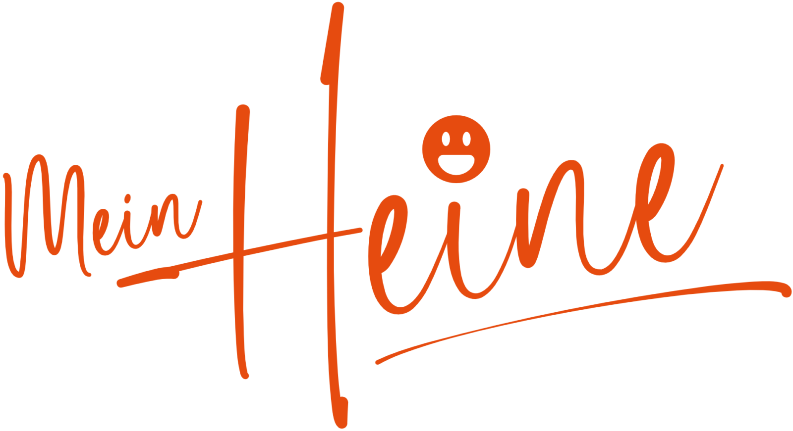 Die Worte &bdquo;Mein Heine&ldquo; sind in orangefarbener Kursivschrift geschrieben, wobei der Punkt auf dem &bdquo;i&ldquo; in &bdquo;Heine&ldquo; durch ein Smiley-Gesicht ersetzt wurde.
